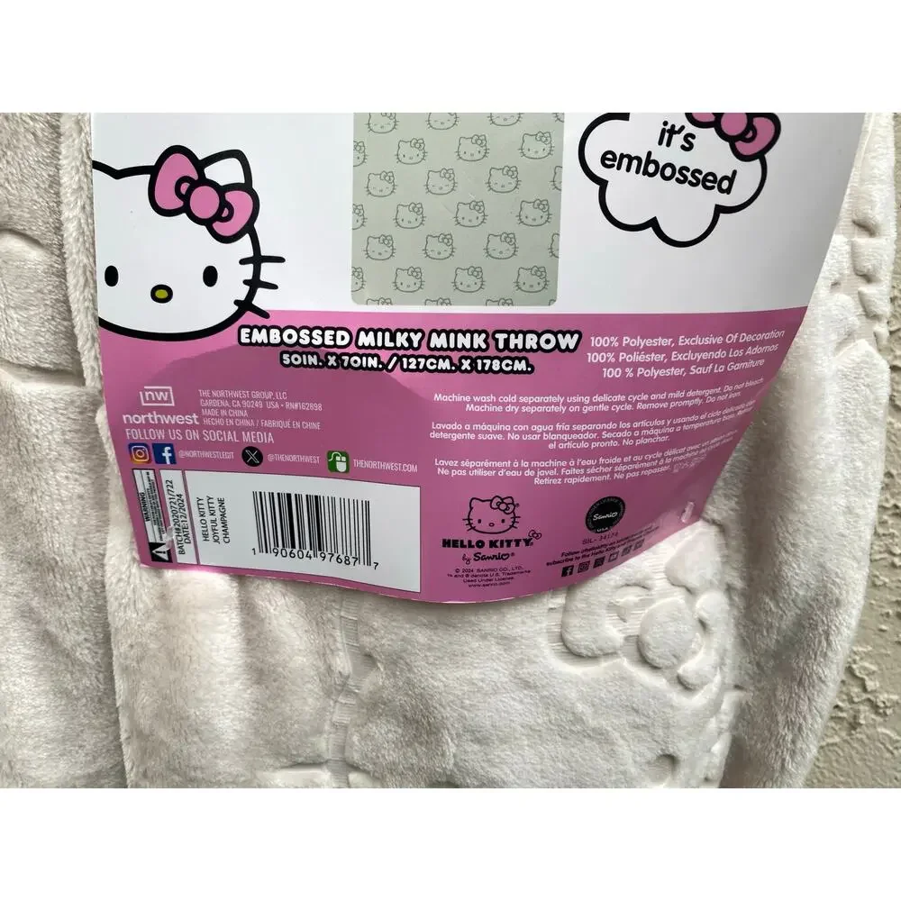 Hello Kitty Embossed Plush Throw Blanket 50x70 Soft Champagne